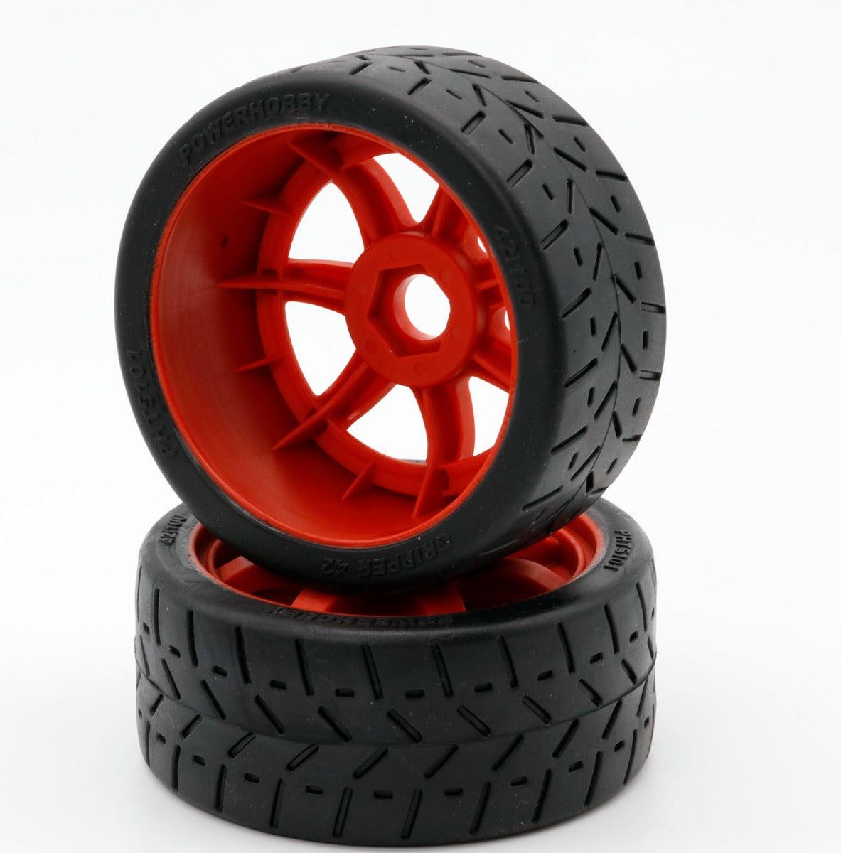 Powerhobby 1/8 Gripper 42/100 Belted Mounted Tires 17mm Red Wheels - PowerHobby