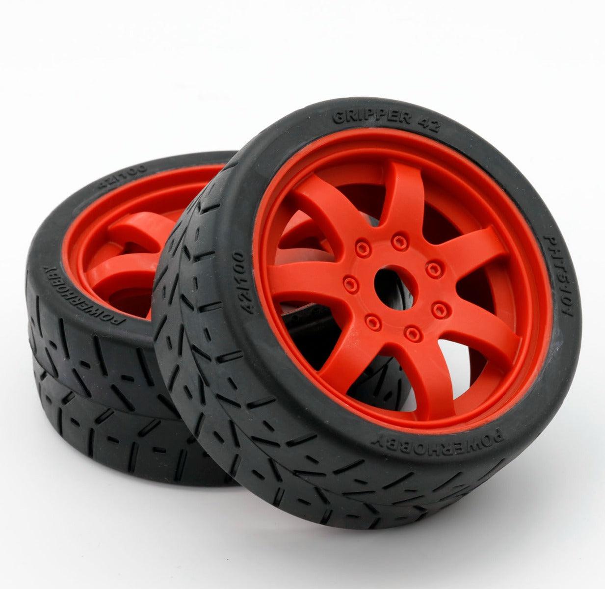 Powerhobby 1/8 Gripper 42/100 Belted Mounted Tires 17mm Red Wheels - PowerHobby
