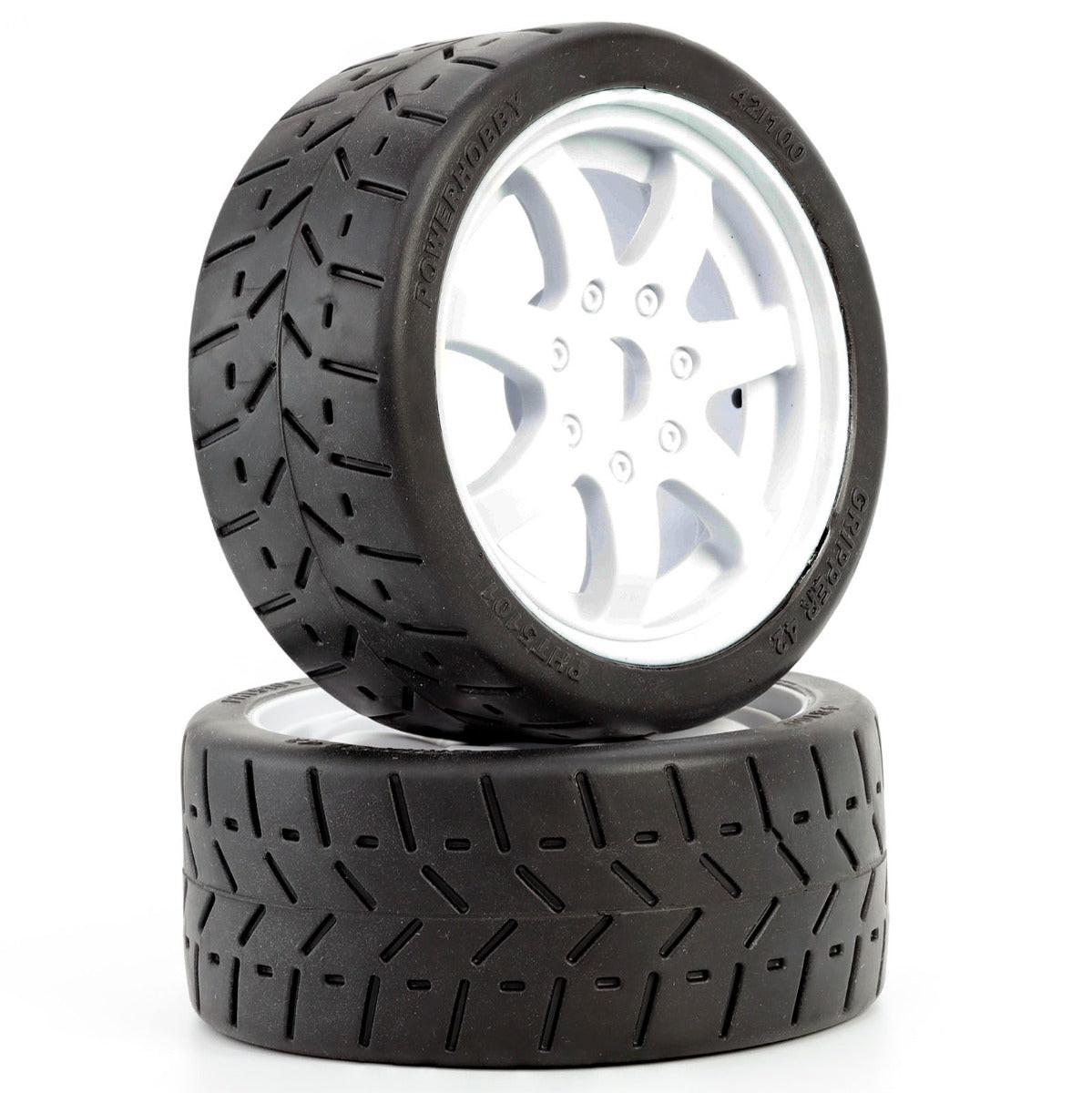 Powerhobby 1/8 Gripper 42/100 Belted Mounted Tires 17mm White Wheels - PowerHobby