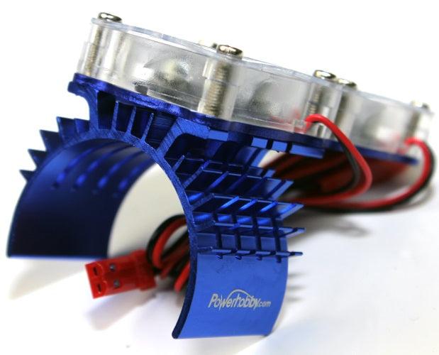 Powerhobby Aluminum Motor Heatsink Twin Dual Cooling Fan BLUE FOR Traxxas Slash 4x4 - PowerHobby
