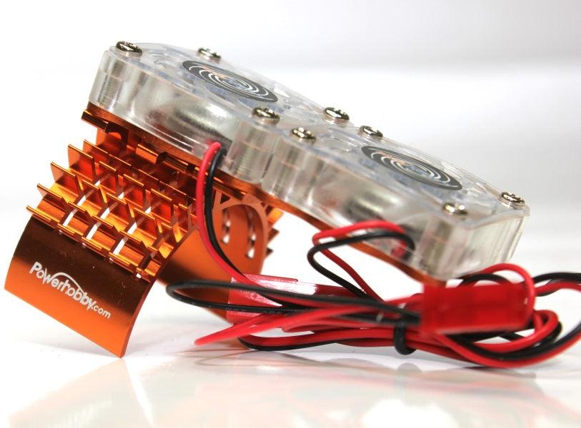 Aluminum Motor Heatsink Twin Dual Cooling Fan Orange FOR Traxxas Slash 4WD / 4X4 - PowerHobby