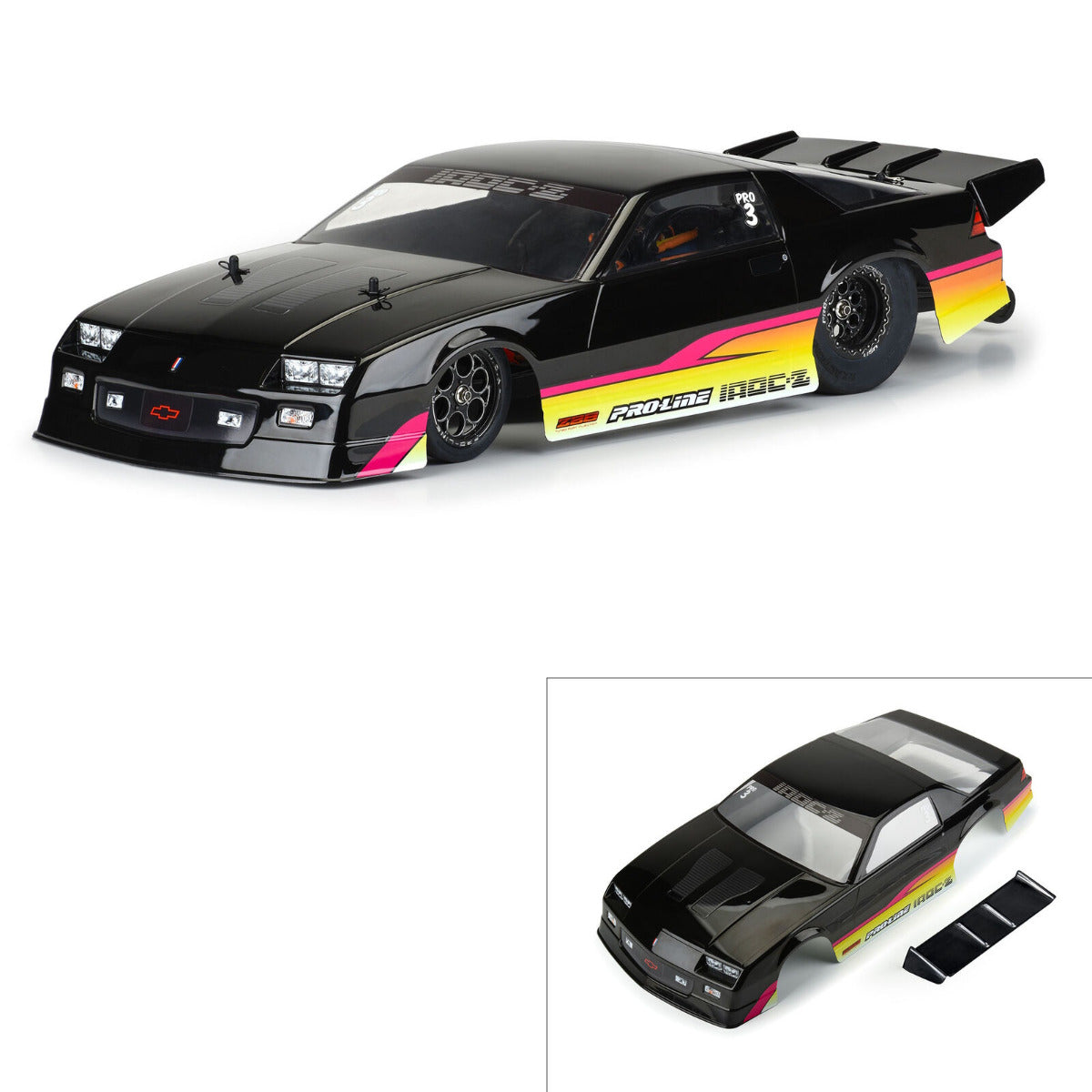 Pro-Line Losi 22S Drag 1985 Chevy Camaro IROC-Z Pre-Painted Body Set Black - PowerHobby