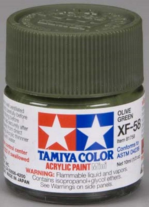 Tamiya 81758 Acrylic Mini Airbrush Paint Glass Jar XF-58 Olive Green 1/3 oz - PowerHobby