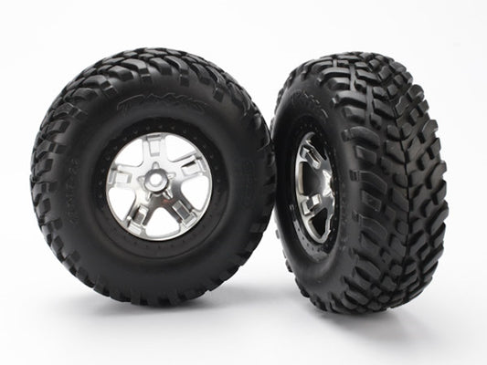 Traxxas 5873X Racing Tire & Beadlock Style Satin Chrome Wheels SLASH