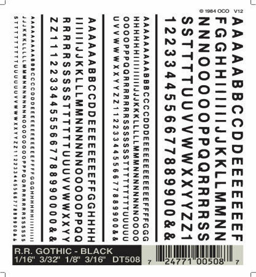 Woodland Scenics DT508 RR Gothic Black Decals 1/16-3/16" Train Decal Sheet.
