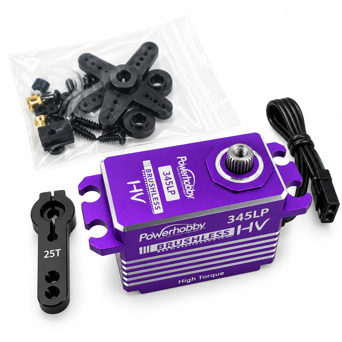 Powerhobby 345LP Brushless HV servo motor in purple anodized aluminum, shown with a black 25T motor mount, a black brushless propeller, screws, washers, and a black power cable on a white background.