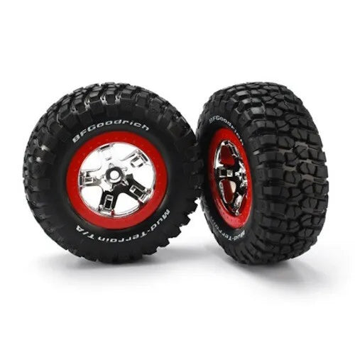 Traxxas TRA5867 Chrome-Red Wheels/Off-Road Racing Tires (2) 1/10 Slash 4x4 - PowerHobby