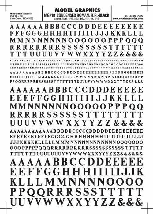Woodland Scenics MG718 Cond Roman RR Letters Black 1/16-5/16" Train Decal Sheet.
