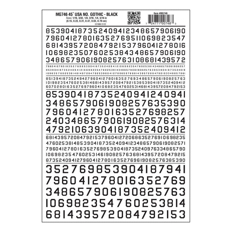 Woodland Scenics MG746 45 Deg USA Gothic Num Blk 1/16-5/16 Train Decal Sheet.