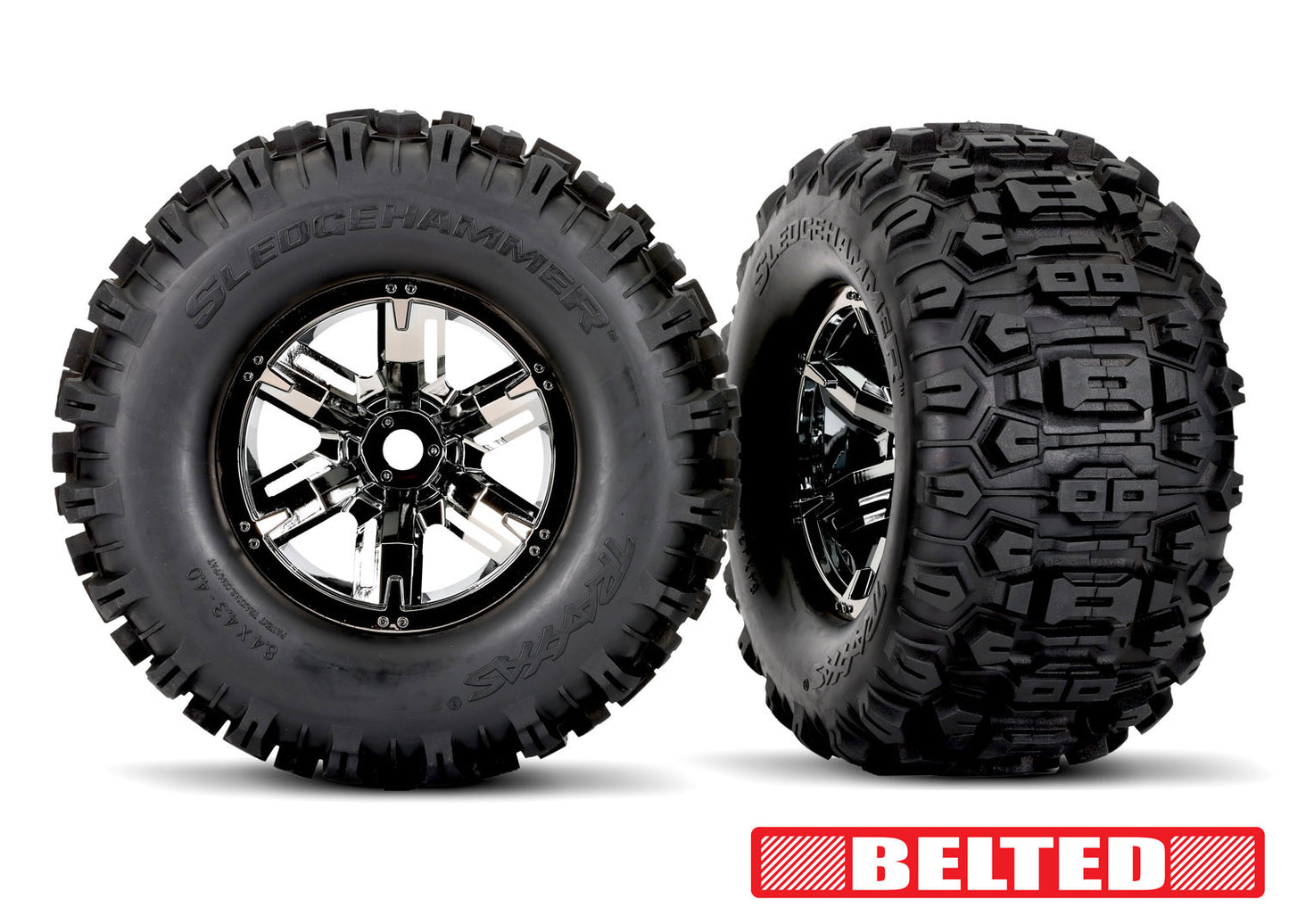 Traxxas 7871X Blk Chrm X-Maxx Wheels & Belted Sledgehammer Tires (2)