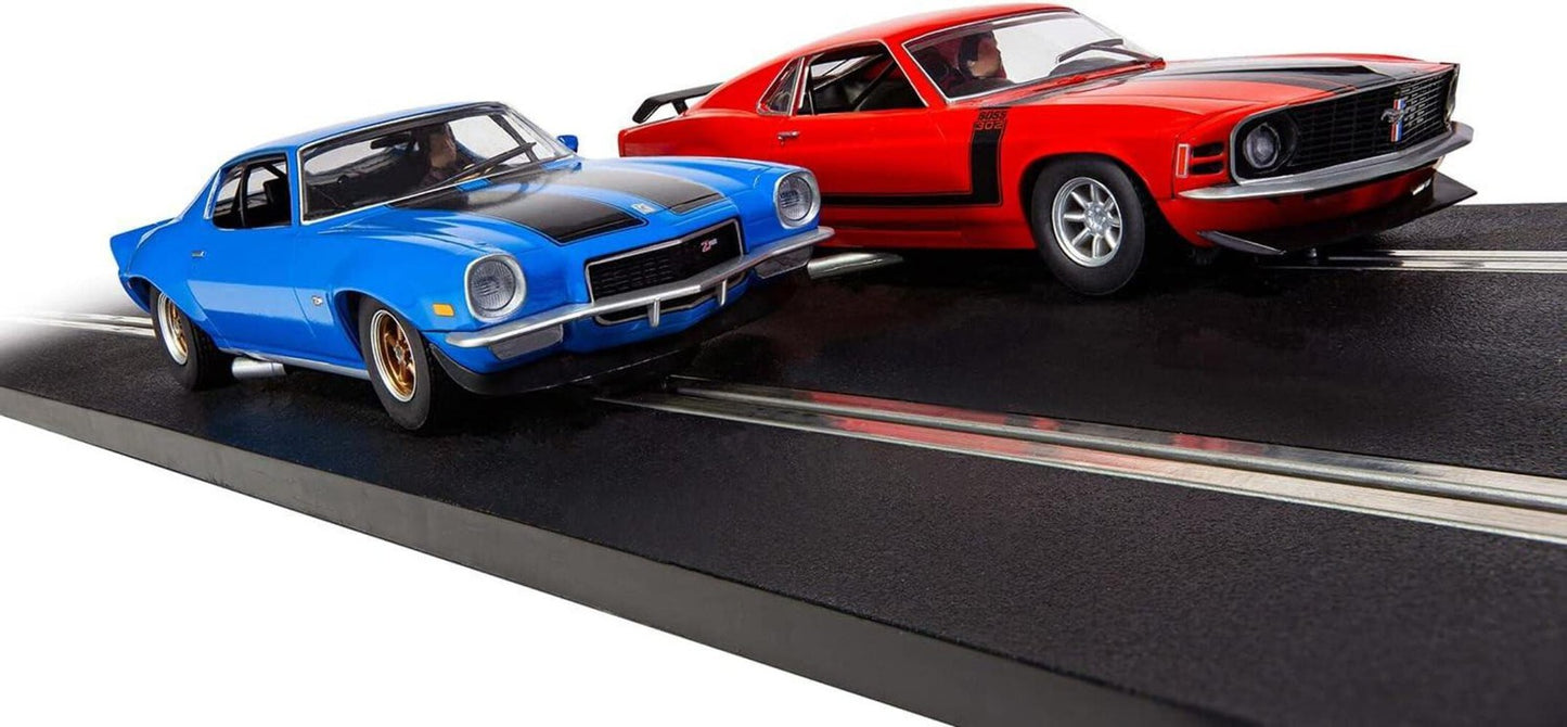 Scalextric American Street Dual Camaro Ford Mustang 1/32 Slot Car Set C1429.