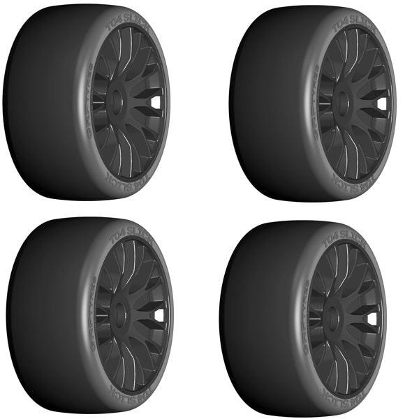 GRP 1/8 GT SLICK BELTED W/ FLEX WHEEL XM7 (MEDIUM HARD) TIRES BLACK (4)