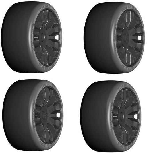 GRP 1/8 GT SLICK BELTED W/ FLEX WHEEL XM7 (MEDIUM HARD) TIRES BLACK (4)