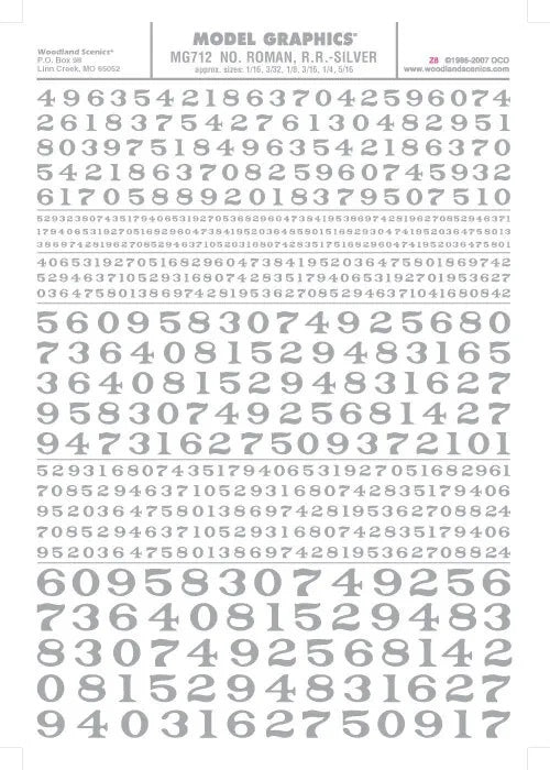 Woodland Scenics MG712 Roman Silver Numbers Dry Transfer Decals - PowerHobby