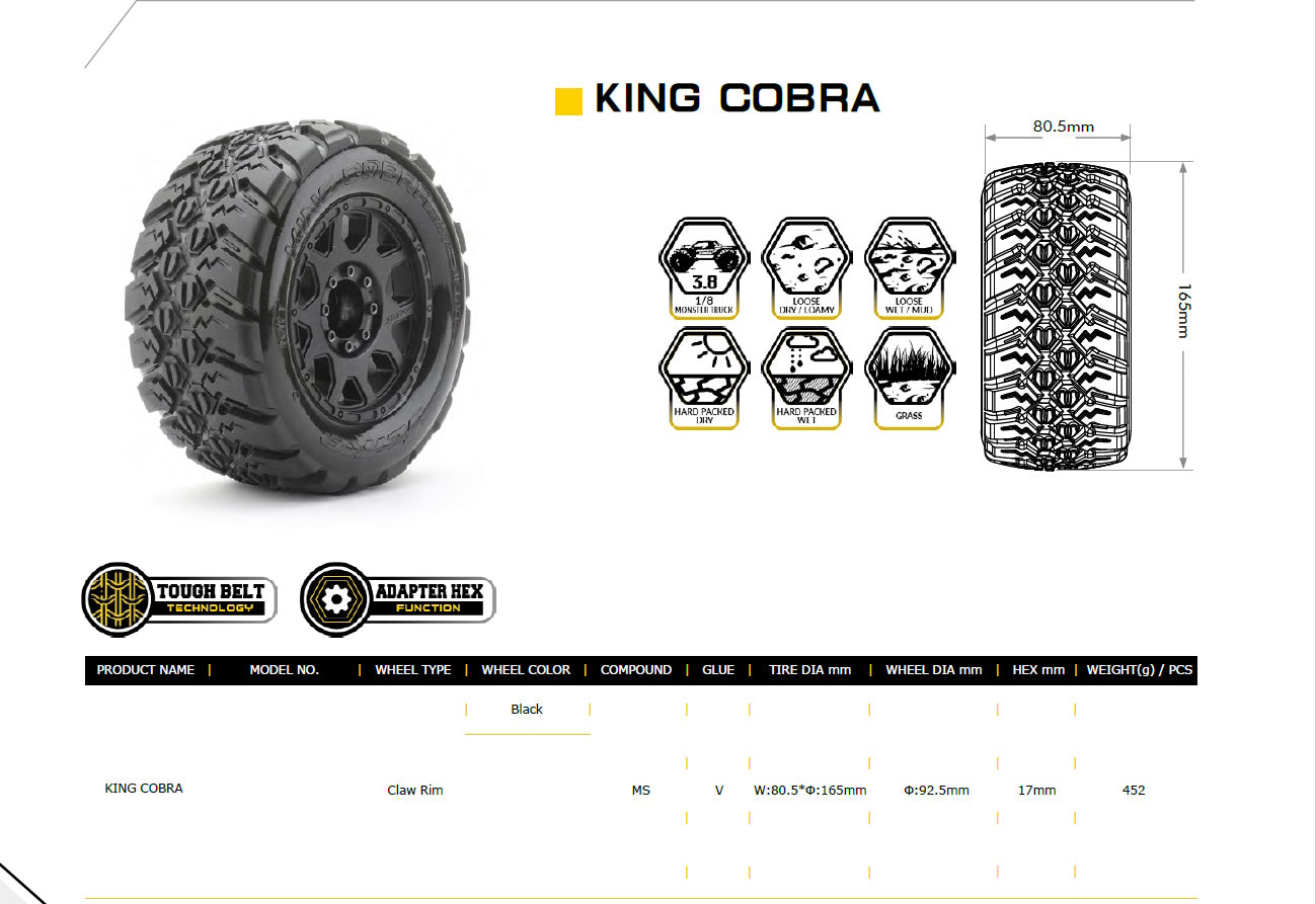 Powerhobby 1/8 MT 3.8 King cobra Belted Mounted Tires (2) 17MM - PowerHobby