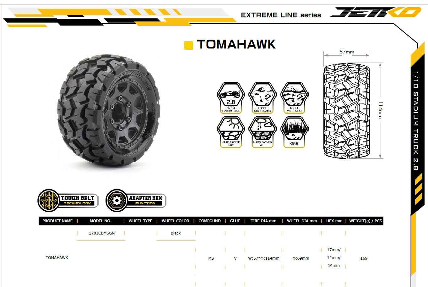 Powerhobby 1/10 2.8 ST Tomahawk Belted Tires (2) with Removable Hex Wheels - PowerHobby