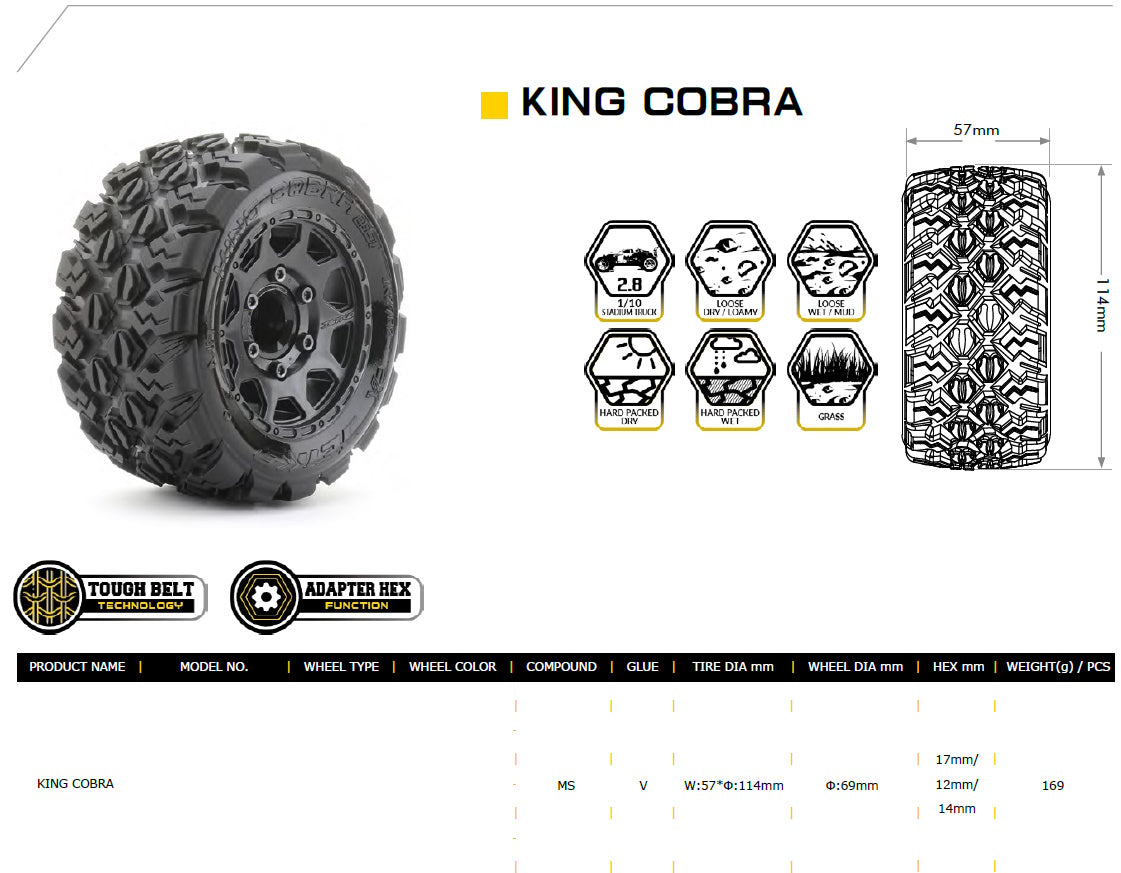 Powerhobby 1/10 2.8 ST King Cobra Belted Tires (2) with Removable Hex Wheels - PowerHobby