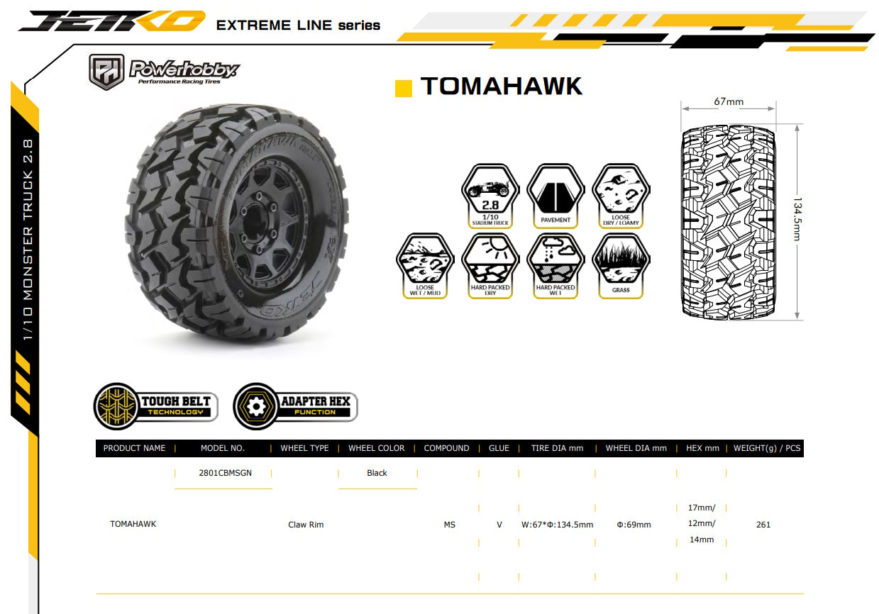 Powerhobby 1/10 2.8 MT Tomahawk Belted Tires (2) with Removable Hex Wheels - PowerHobby