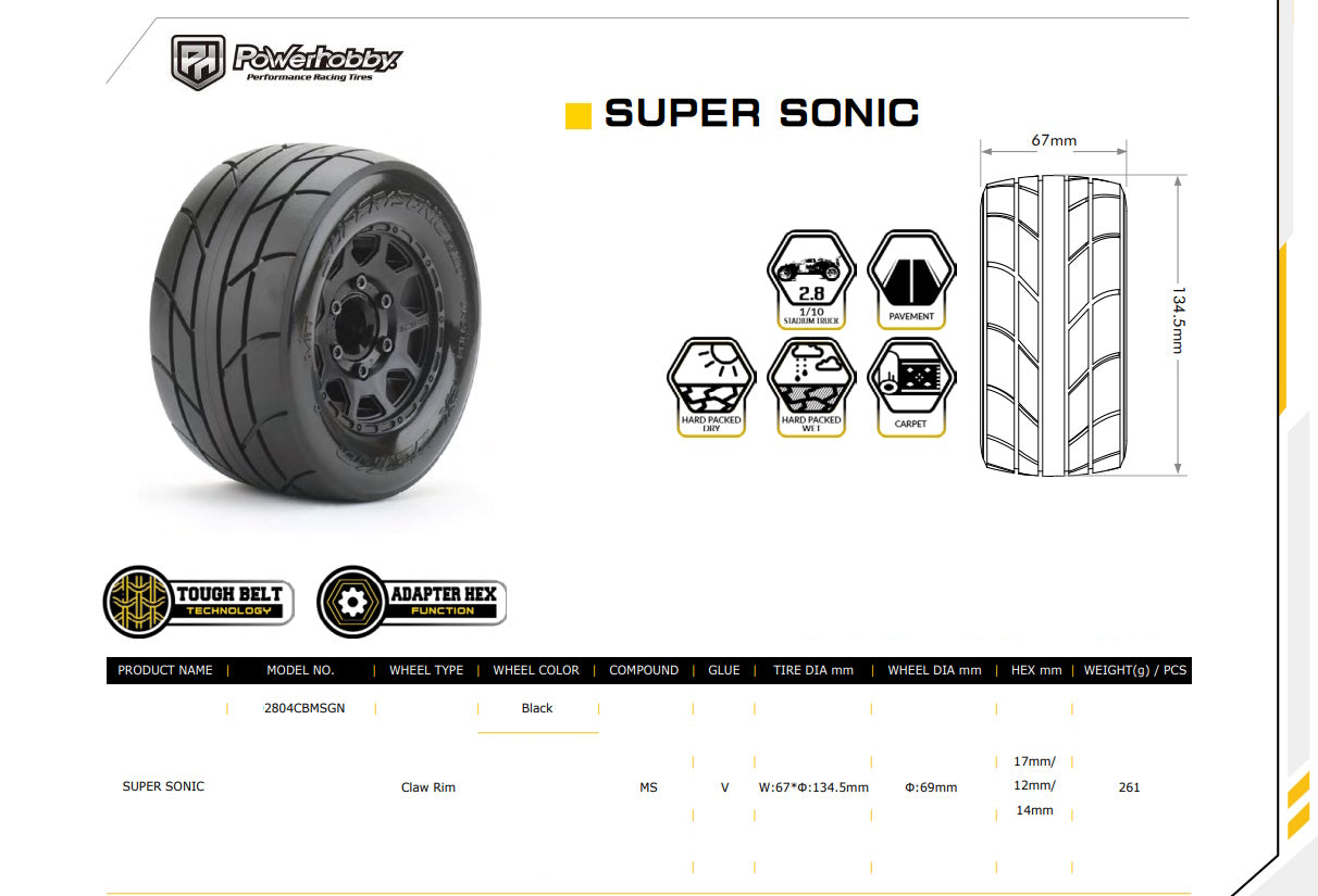 Powerhobby 1/10 2.8 MT Super Sonic Belted Tires (2) with Removable Hex Wheels - PowerHobby