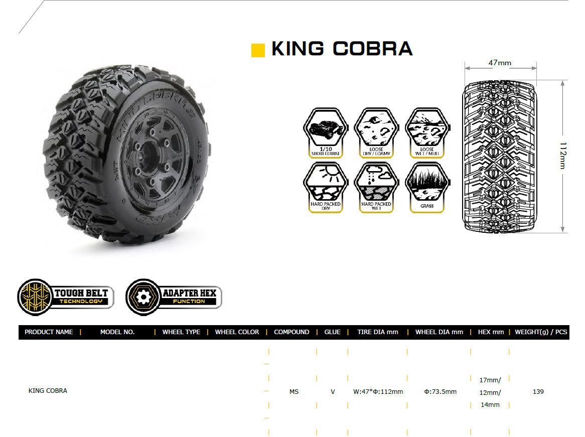 Powerhobby King Cobra 1/10 SC Belted Tires (2) with Removable Hex Wheels - PowerHobby