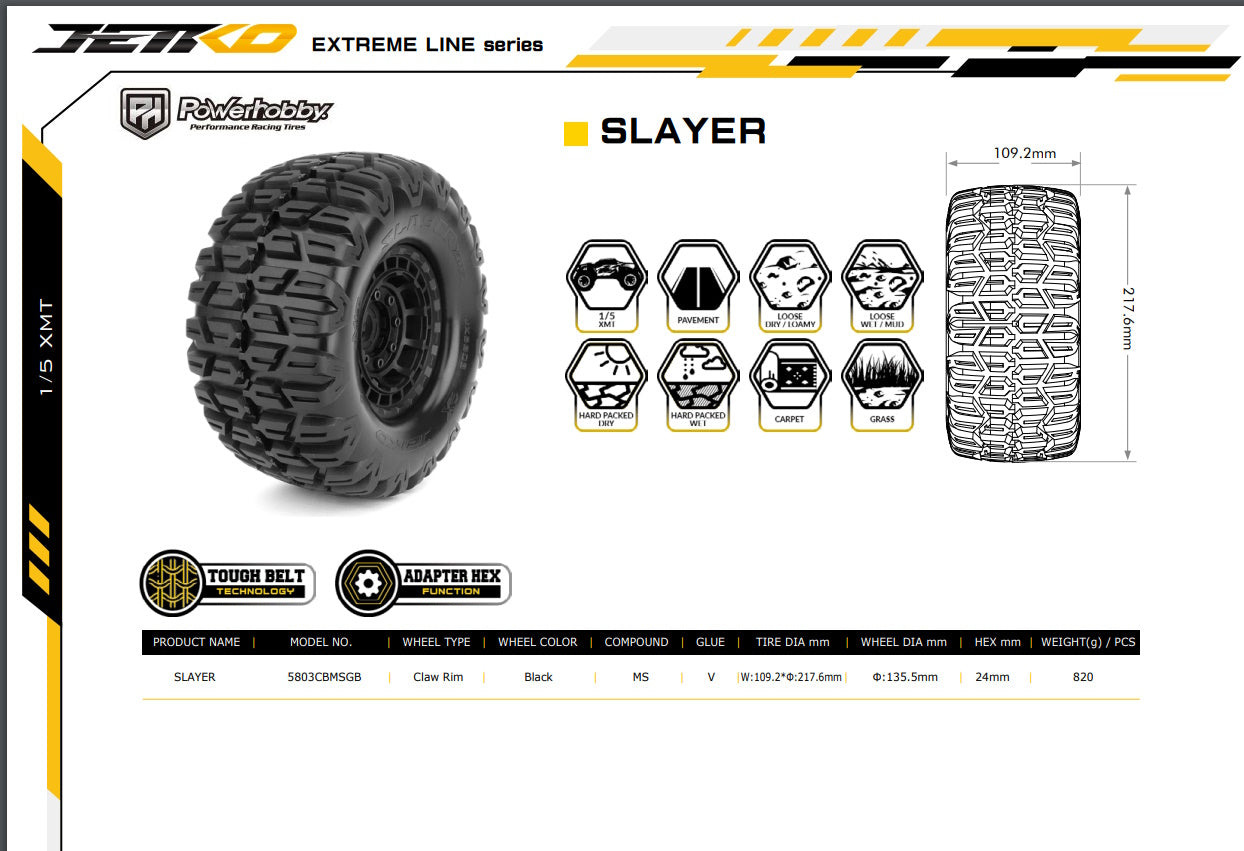 Powerhobby Slayer 1/5 Belted Tires (2) FOR Traxxas X-Maxx Arrma Losi DBXL-E - PowerHobby