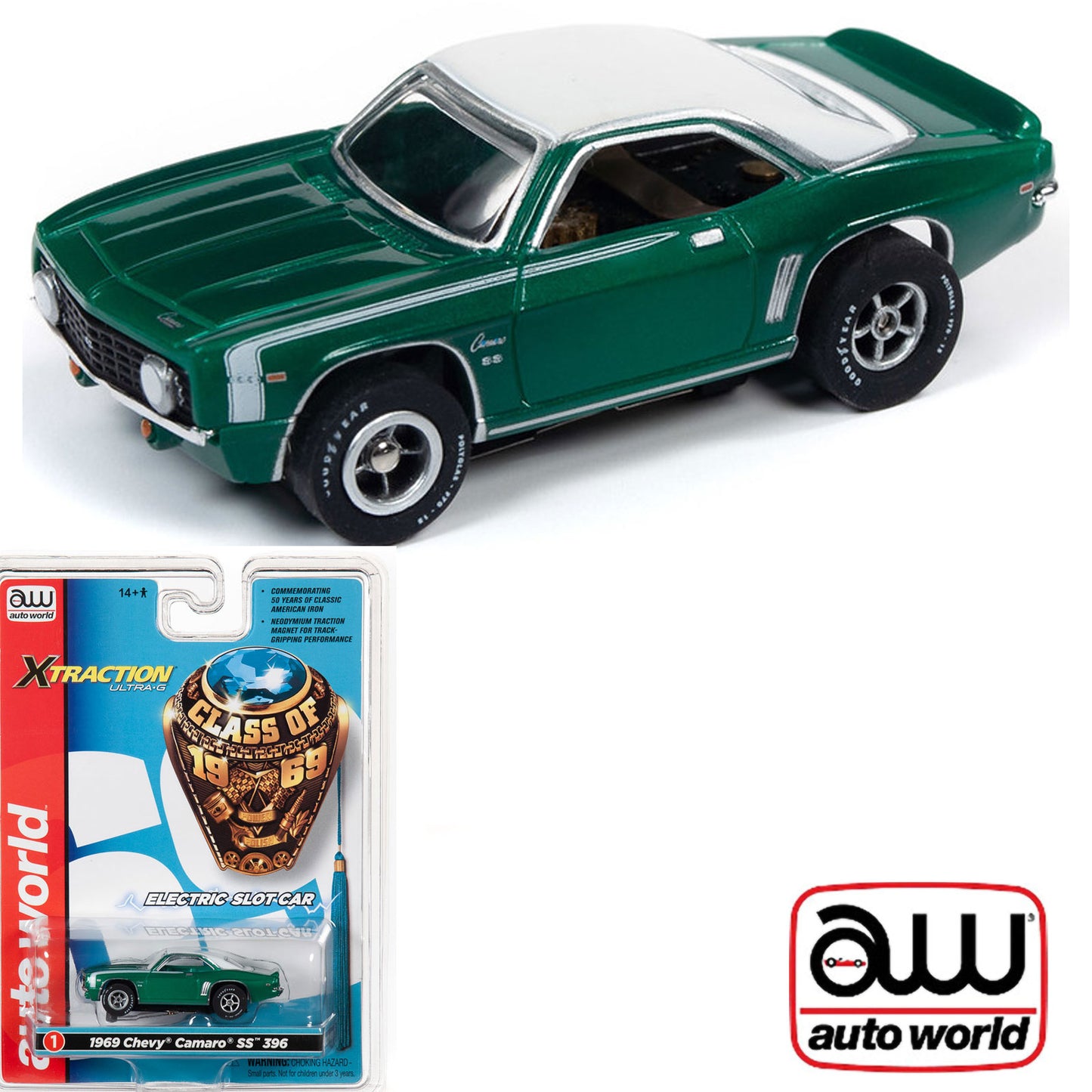 Auto World 1969 Chevy Camaro SS 396 Green R27 HO Slot Car SC343 fits AFX