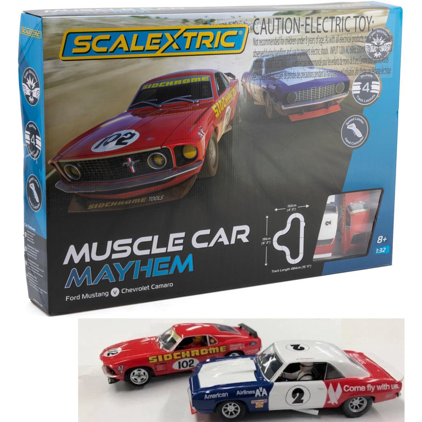 Scalextric Muscle Car Mayhem 1969 Camaro Mustang 1/32 Slot Car Set C1449