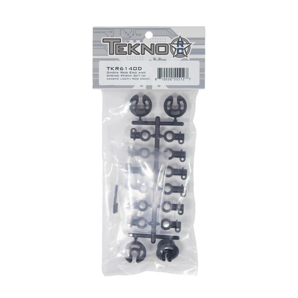 Tekno TKR6140D – Shock Rod End and Spring Perch Set w/ assorted length rod ends.
