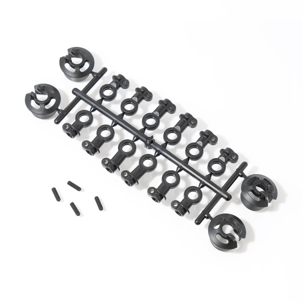 Tekno TKR6140D – Shock Rod End and Spring Perch Set w/ assorted length rod ends.