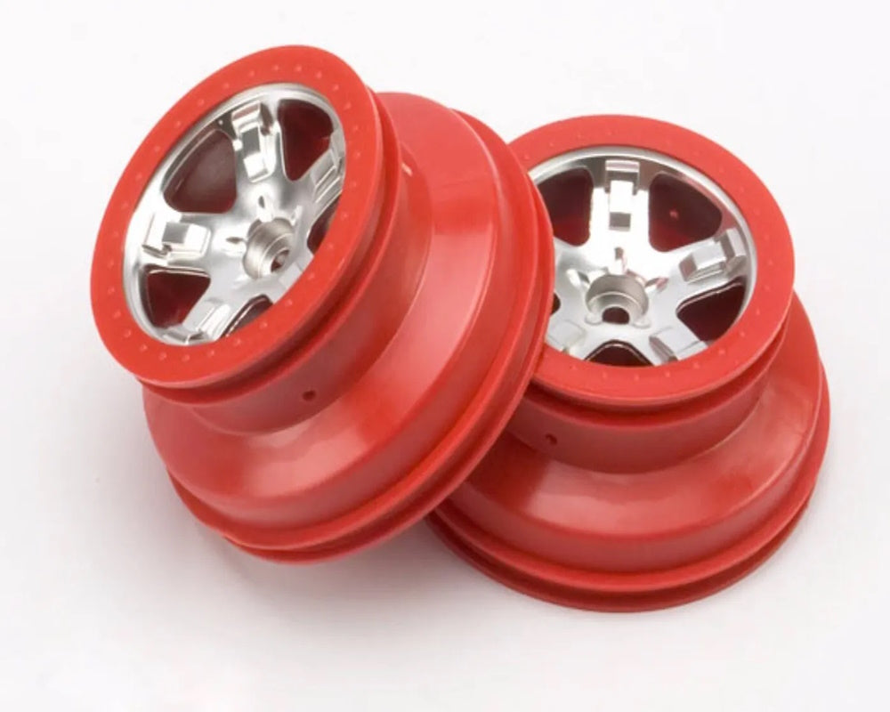 Traxxas TRA5874A Wheels SCT Satin Chrome Red Beadlock Style Dual Profile - PowerHobby