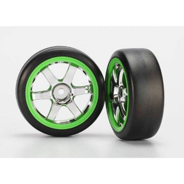 Traxxas 7375 - 1/16 Volk Racing Te27 Rims, Green/Chrome With Tires (2)