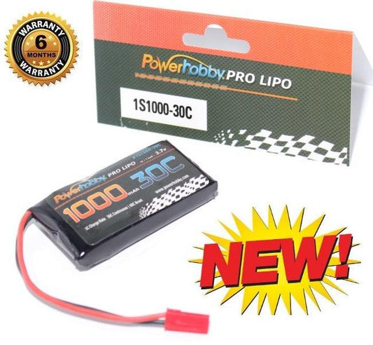Powerhobby 1S 3.7V 1000Mah 30C Lipo Battery w JST Connector - PowerHobby