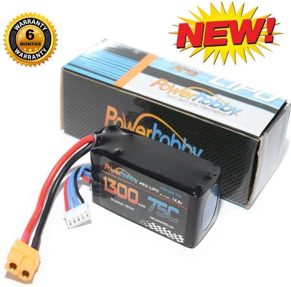 Powerhobby 4S 14.8V 1300mAh 75C w XT60 : 250 Drone / Quad Lipo Battery - PowerHobby