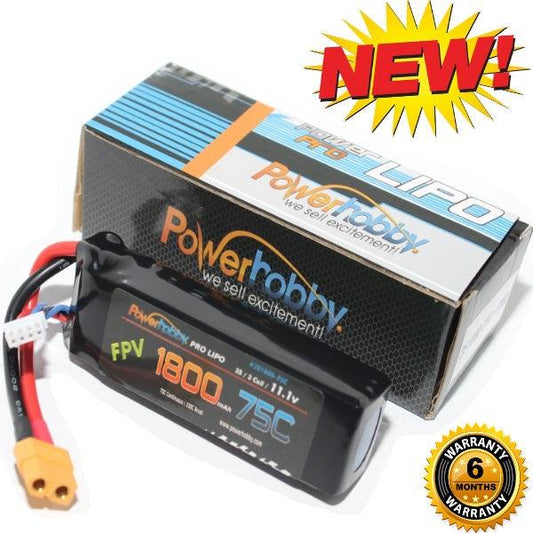 Powerhobby 3S 11.1V 1800mAh 75C XT60 : FPV Drone Quad Lipo Battery 3-Cell - PowerHobby