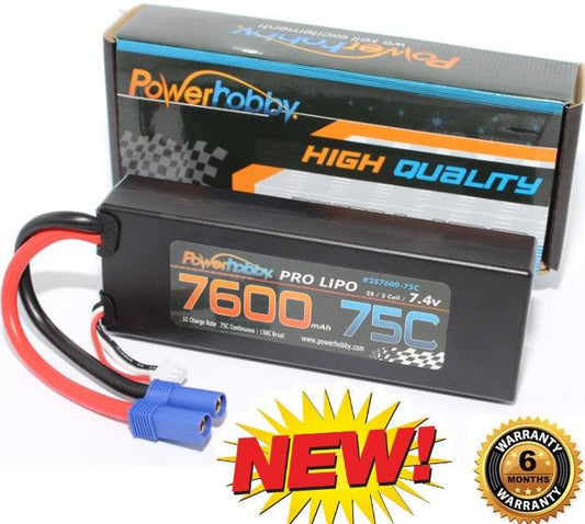 PowerHobby 2S 7.4V 7600mAh 75C Lipo Battery Pack w EC5 Plug Hard Case - PowerHobby