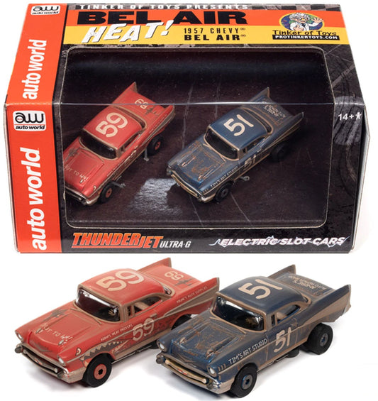 Auto World 1957 Chevy Bel Air Heat Twin Pack Thunderjet Tjet AFX HO Slot Car - PowerHobby