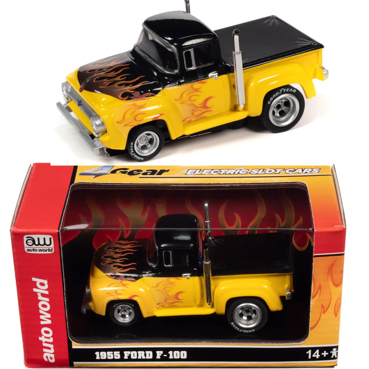 Auto World Ford F-100 Pickup Flames Exclusive 4Gear HO slot car Limited Edition - PowerHobby