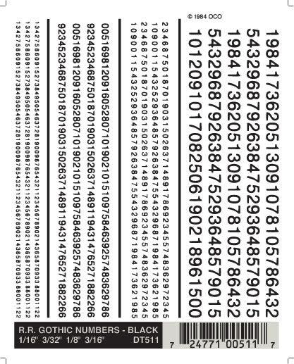 Woodland Scenics DT511 RR Gothic Numbers Black 1/16-3/16" Train Decal Sheet - PowerHobby