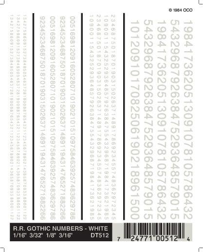 Woodland Scenics DT512 RR Gothic Numbers White 1/16-3/16" Train Decal Sheet - PowerHobby