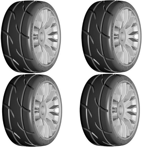 GRP GTK03-XB1 1/8 GT T03 REVO UltraSoft Mounted Tires Wheels (4) Grey - PowerHobby
