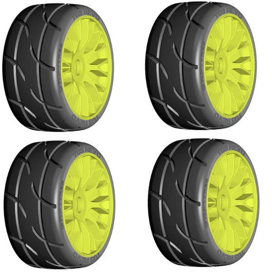 GRP GTT03-XB2 1/8 GT T03 REVO ExtraSoft Mounted Tires Wheels (4) Yellow - PowerHobby