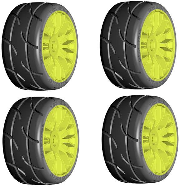 GRP GTT03-XB1 1/8 GT T03 REVO UltraSoft Mounted Tires Wheels (4) Yellow - PowerHobby