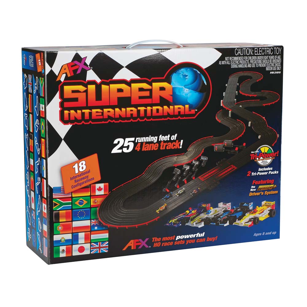 New AFX MegaG+ Super International Ho Slot Car Race Set Tri Power 21018 4 Lane - PowerHobby