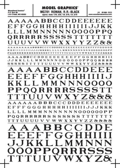 Woodland Scenics MG701 Roman R.R. Letters Black 1/16-5/16" Train Decal Sheet - PowerHobby