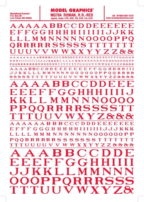 Woodland Scenics MG704 Roman R.R. Letters Red 1/16-5/16" Train Decal Sheet - PowerHobby