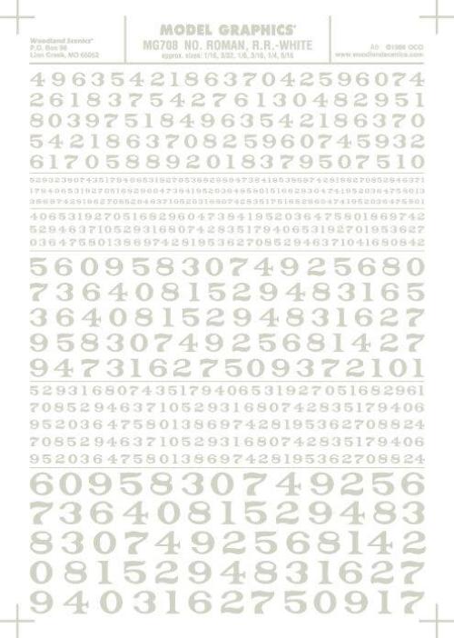 Woodland Scenics MG708 Roman R.R. Numbers White 1/16-5/16"Train Decal Sheet - PowerHobby