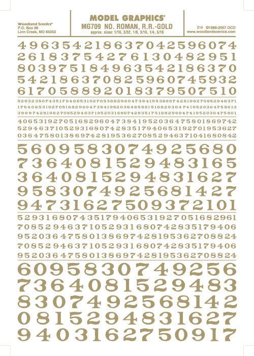 Woodland Scenics MG709 Roman R.R. Numbers Gold 1/16-5/16" Train Decal Sheet - PowerHobby