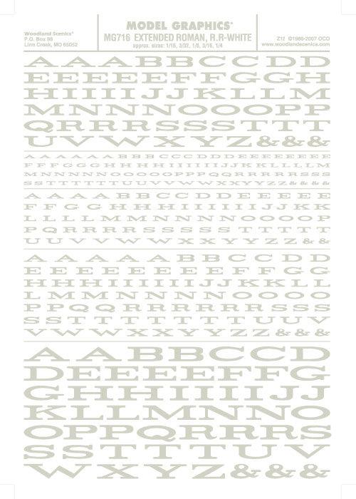 Woodland Scenics MG716 Extended Roman Letters White 1/16-1/4" Train Decal Sheet - PowerHobby