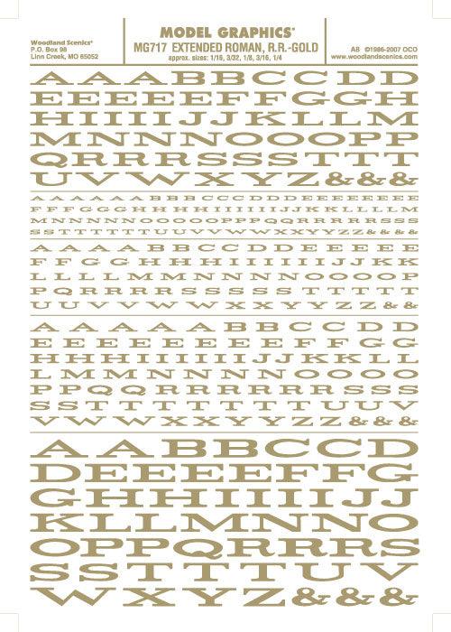 Woodland Scenics MG717 Extended Roman Letters Gold 1/16-1/4" Train Decal Sheet - PowerHobby