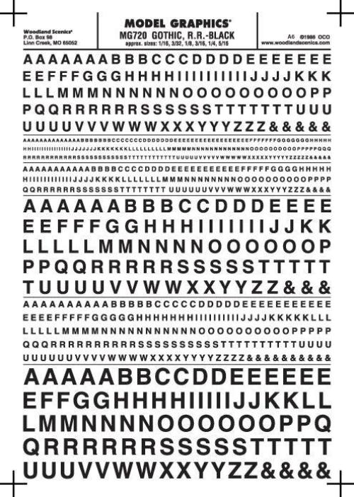Woodland Scenics MG720 Gothic R.R. Letters Black 1/16-5/16" Train Decal Sheet - PowerHobby